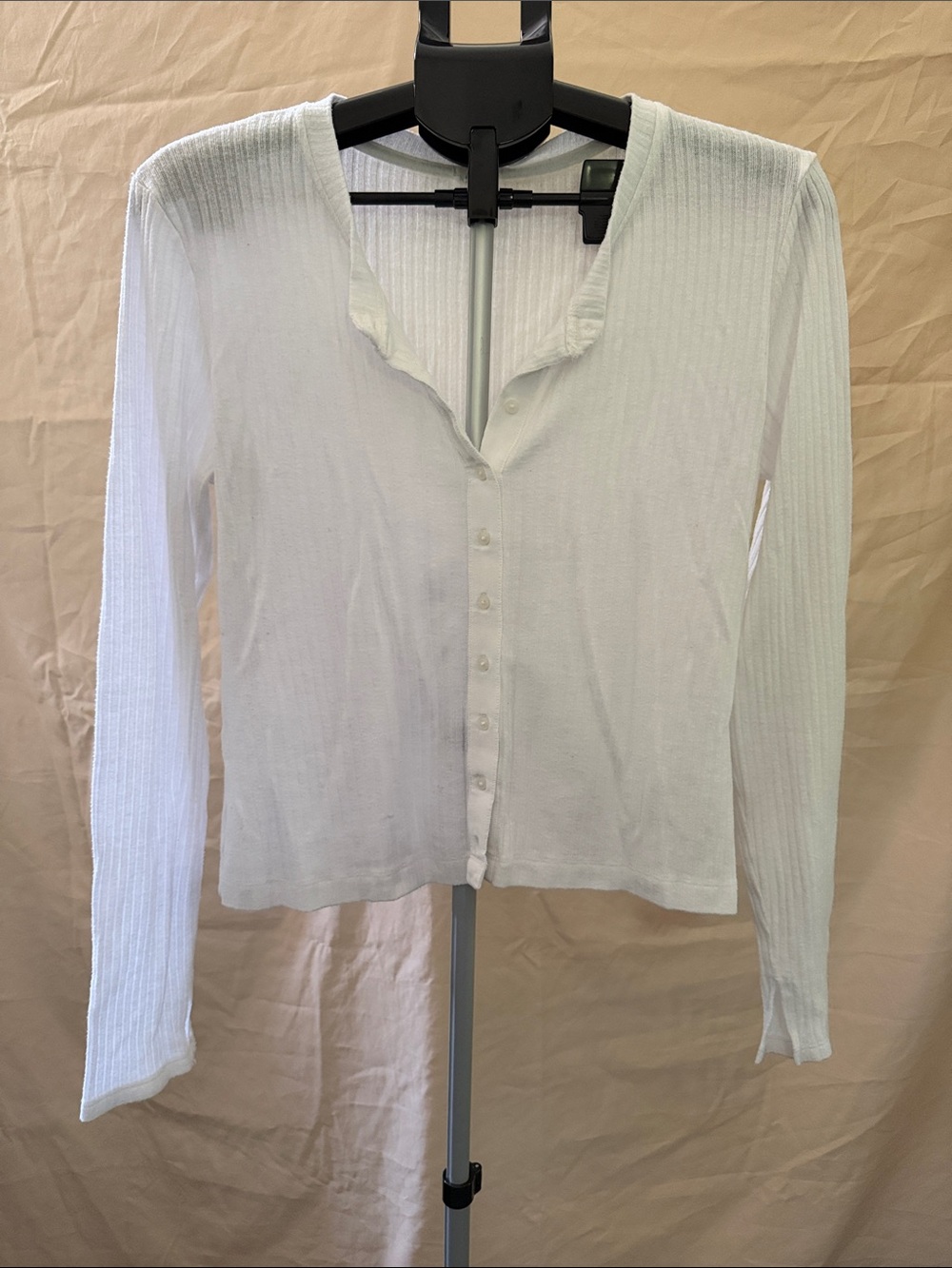 aerie White Ribbed Button-Front Long Sleeve Top